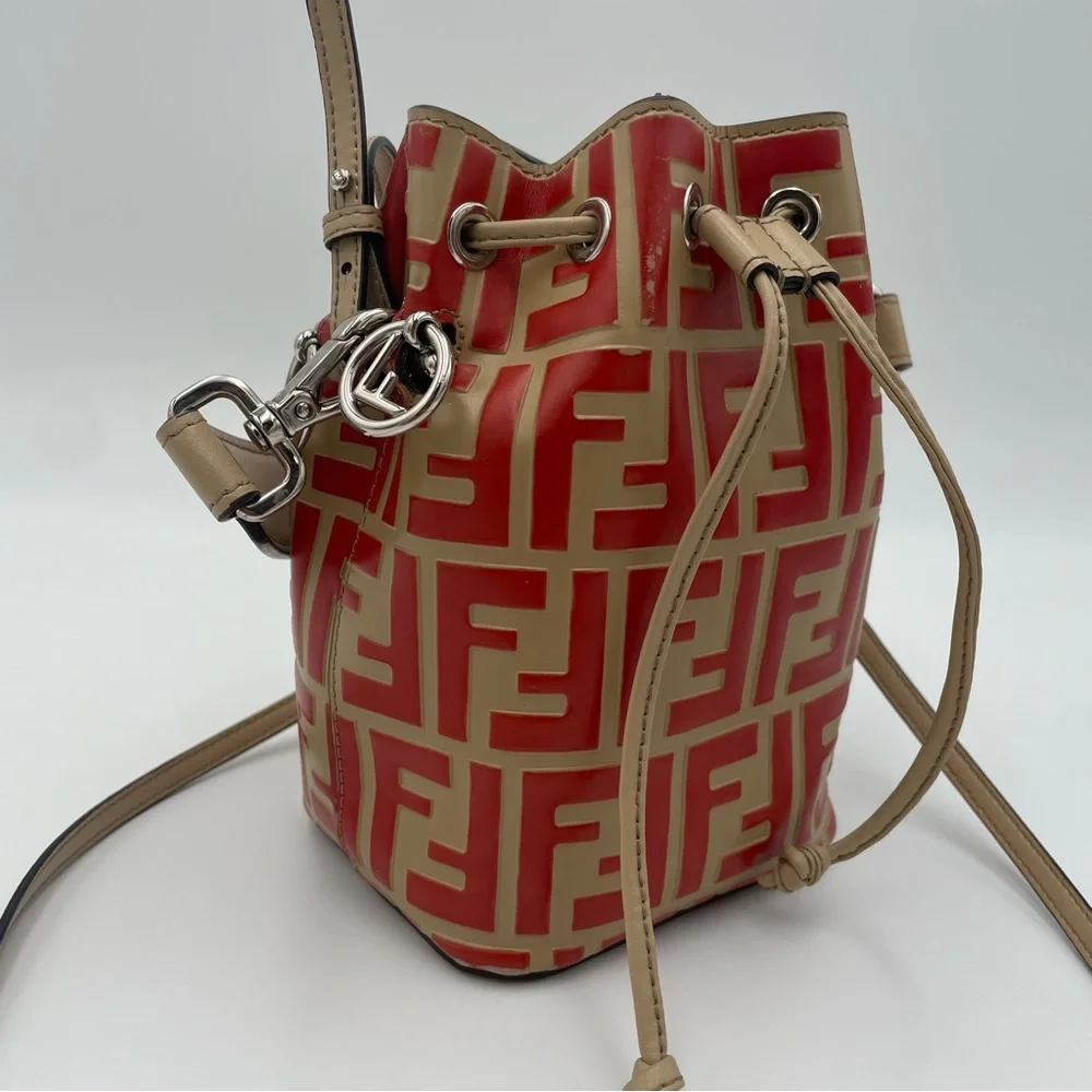 (SOLD) Fendi Monogram Embossed Beige/Red Leather Tresor Drawstring Bucket Bag - Picture 6 of 17